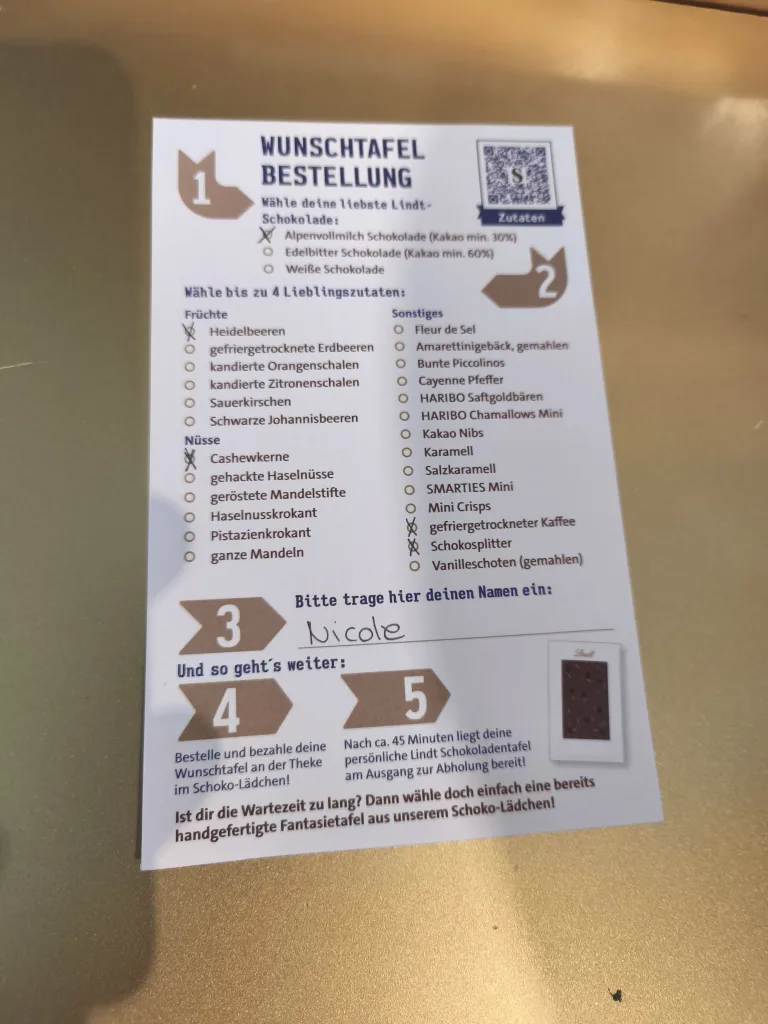 Wunschtafel Bestellung im Schoko-Lädchen im Schokoladenmuseum Köln